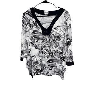 Women’s Chico’s Floral Tunic Top With Gem Embellishment And Scoop Collar Sz M 12